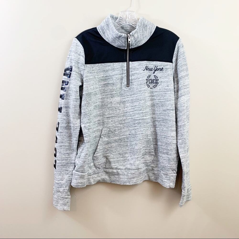 PINK Victoriaโs Secret Gray Heather Zip-up New York Sequin Detail Sweatshirt